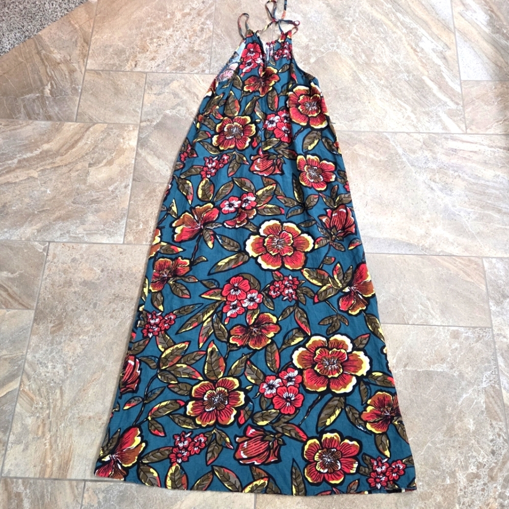 LOFT Floral Maxi Dress with Red and Yellow Flowers Size S Romantic Vibrant